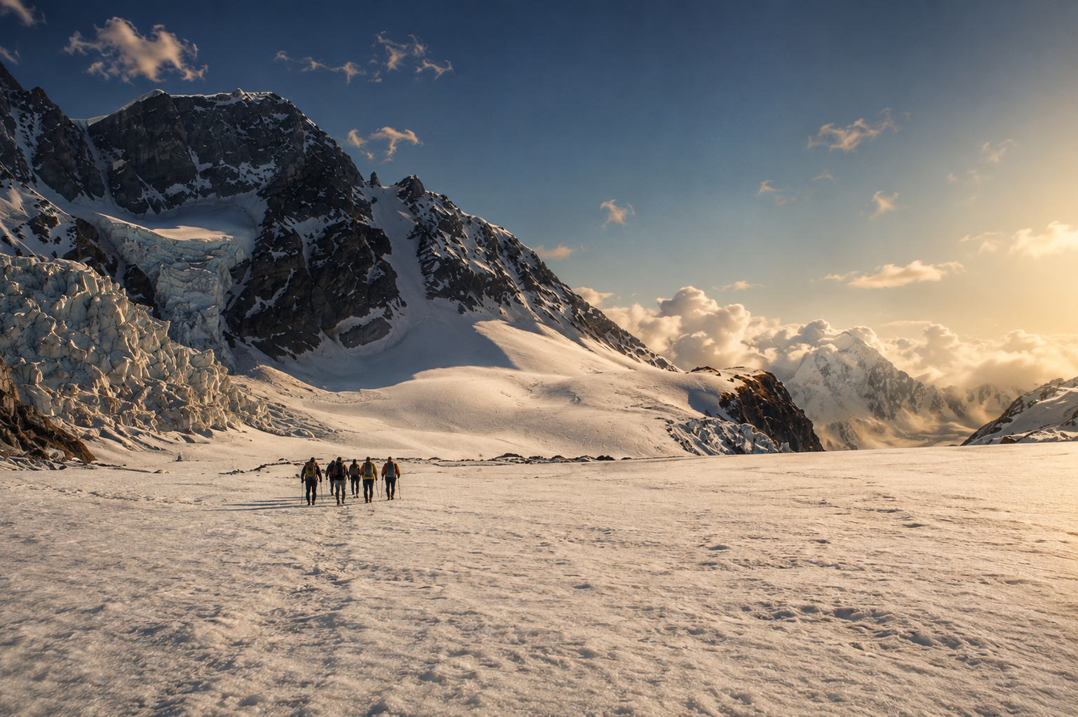 Golden sunrise over a chain of snow-covered Himalayan summits