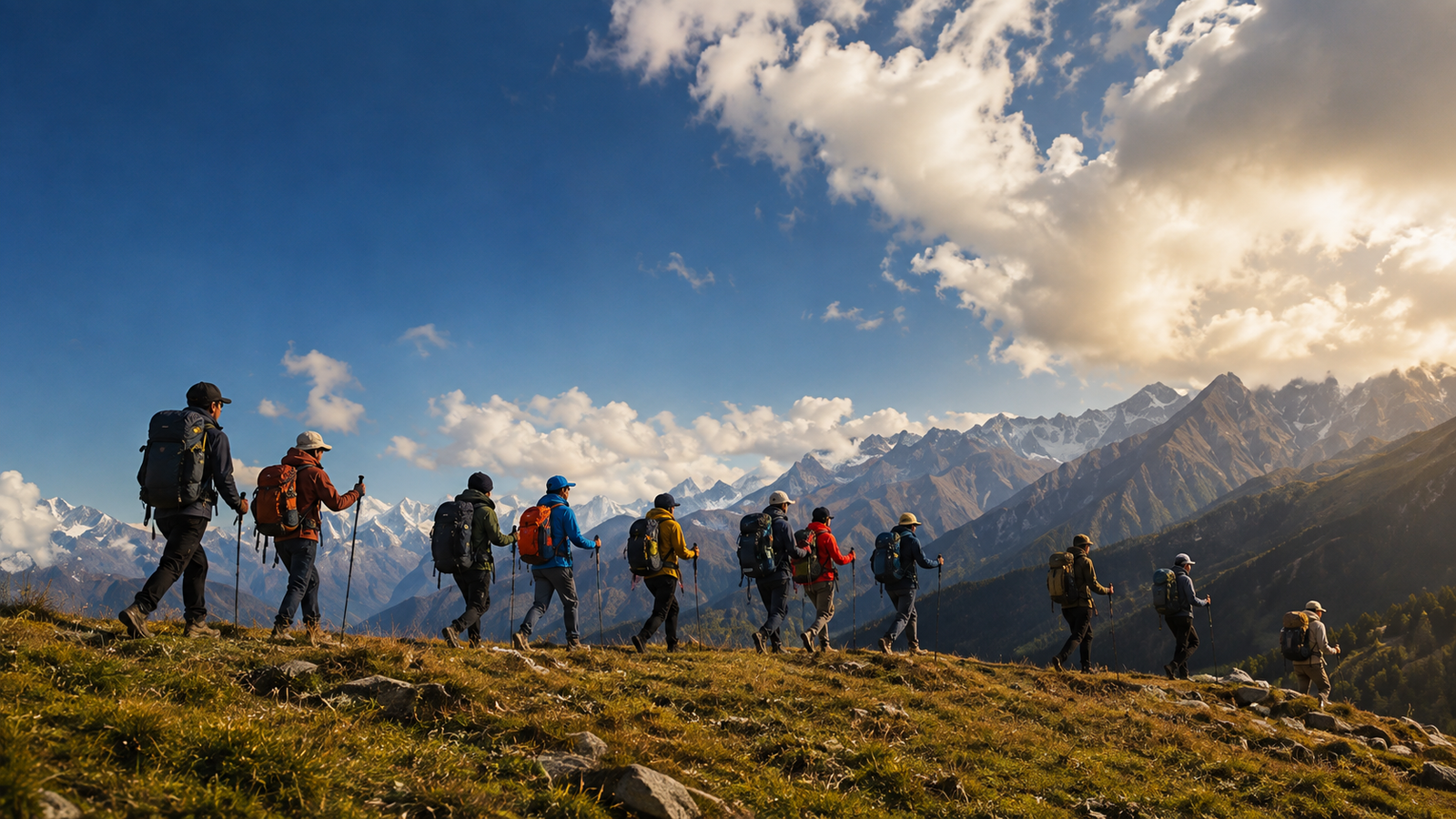 A lush alpine valley beneath mist-covered mountain ridges